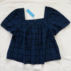 NWT Draper James Navy blue Pane Plaid Maren Top flutter sleeve size Small